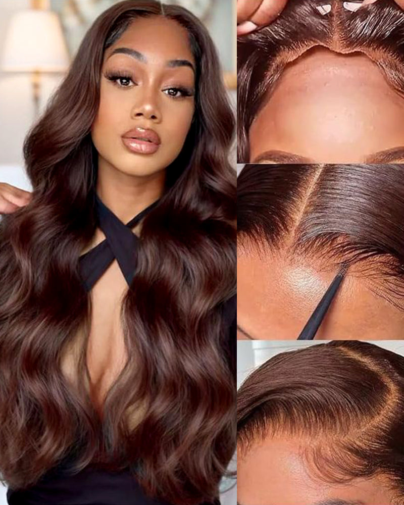Arabella 13x4 Frontal Lace & 6x5 Invisible Knots Glueless Chocolate Brown Body Wave/Silky Straight Wig Invisible Knots Realistic Hairline