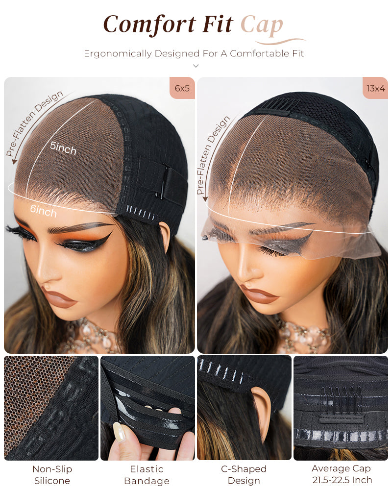【BOGO】Arabella 6x5 Invisible Knots & 13x4 Frontal Lace Honey Blonde Highlights On Black Body Wave Wig Invisible Knots