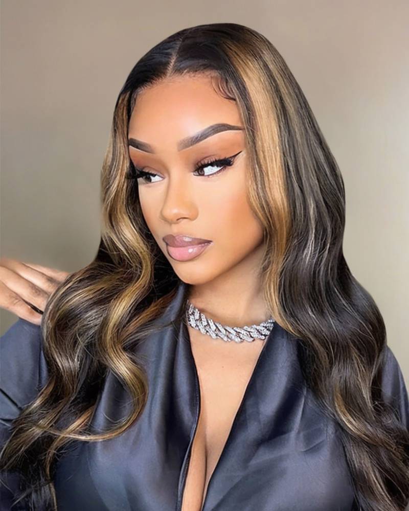 Arabella 13x4 Frontal Lace Auburn Highlights on Black Hair Body Wave Wig Invisible Knots Realistic Hairline Body Wave