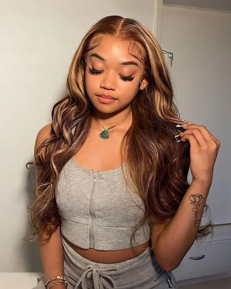 Arabella 13x4 Frontal Lace Honey Blonde Highlights On Brown Wig Body Wave Wig Invisible Knots Realistic Hairline