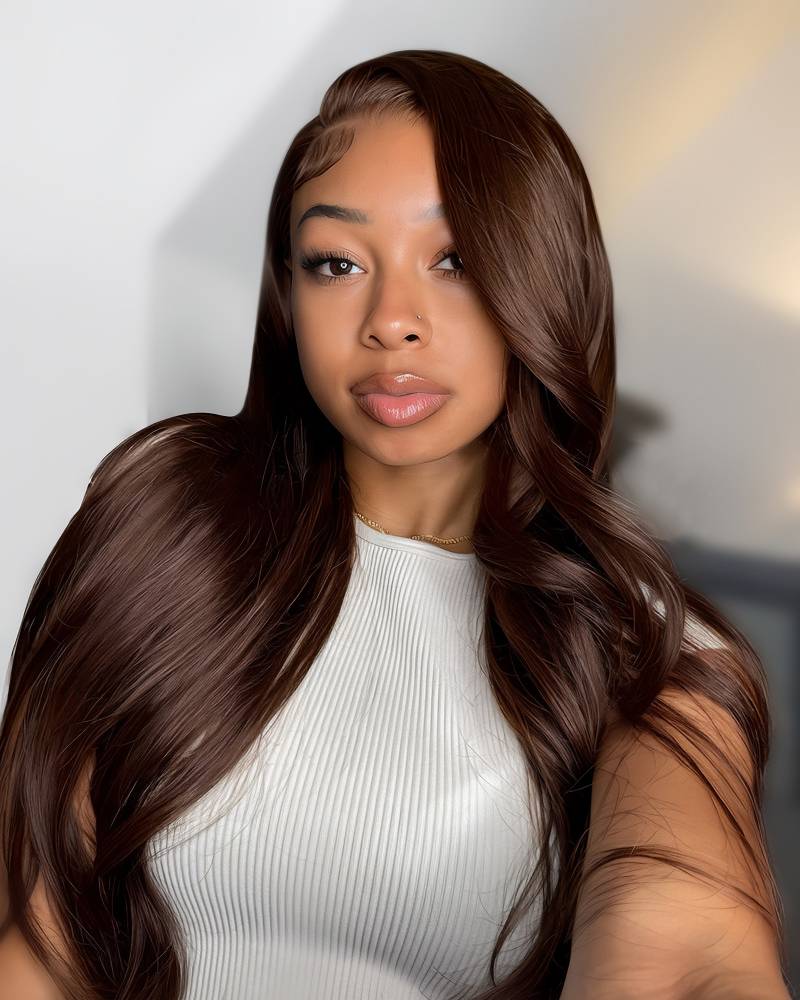 Arabella 13x4 & 6x5 lace frontal glueless human hair chocolate brown body wave wig transparent lace hair style side part
