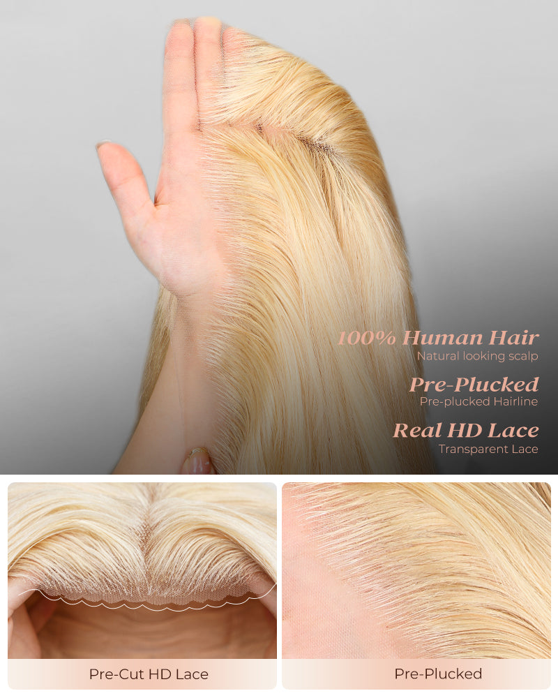 Arabella 6x5 Invisible Knots & 13x4 Frontal Lace Blonde Khaki Highlight Straight Wig Invisible Knots Realistic Hairline