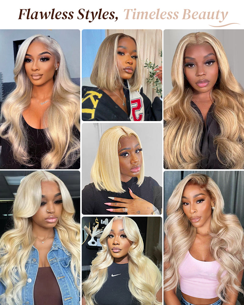 Arabella 6x5 Invisible Knots & 13x4 Frontal Lace Blonde Khaki Highlight Straight Wig Invisible Knots Realistic Hairline