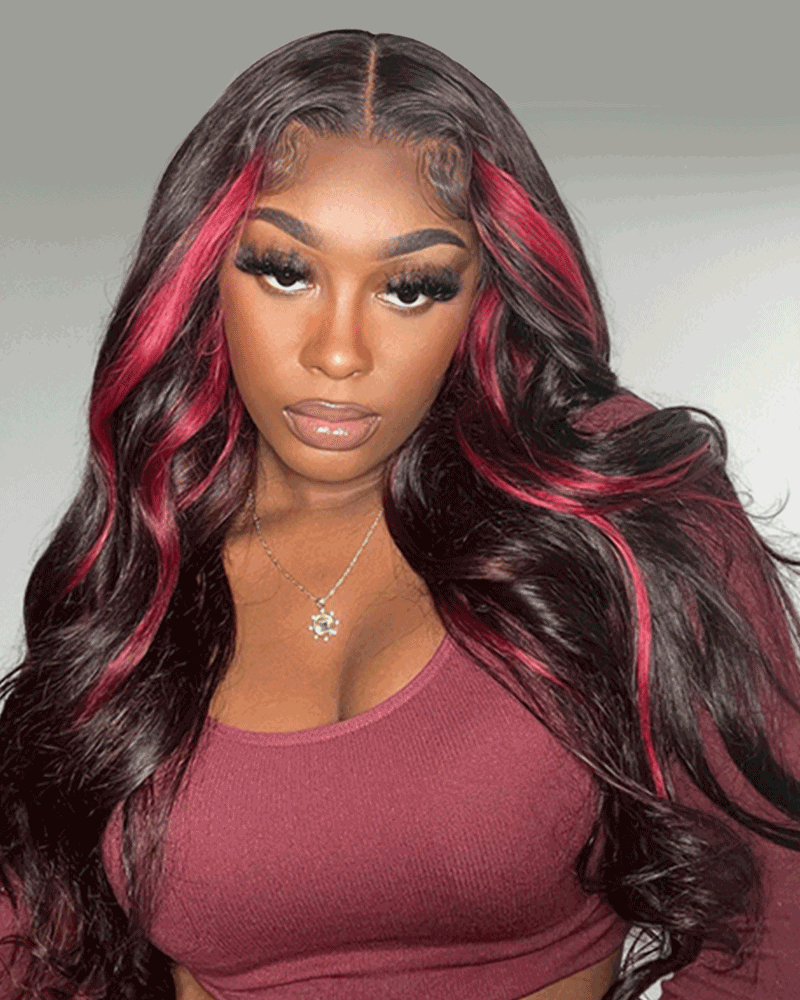 Arabella 13x4 Frontal Lace Red Highlight Body Wave Wig Invisible Knots Realistic Hairline