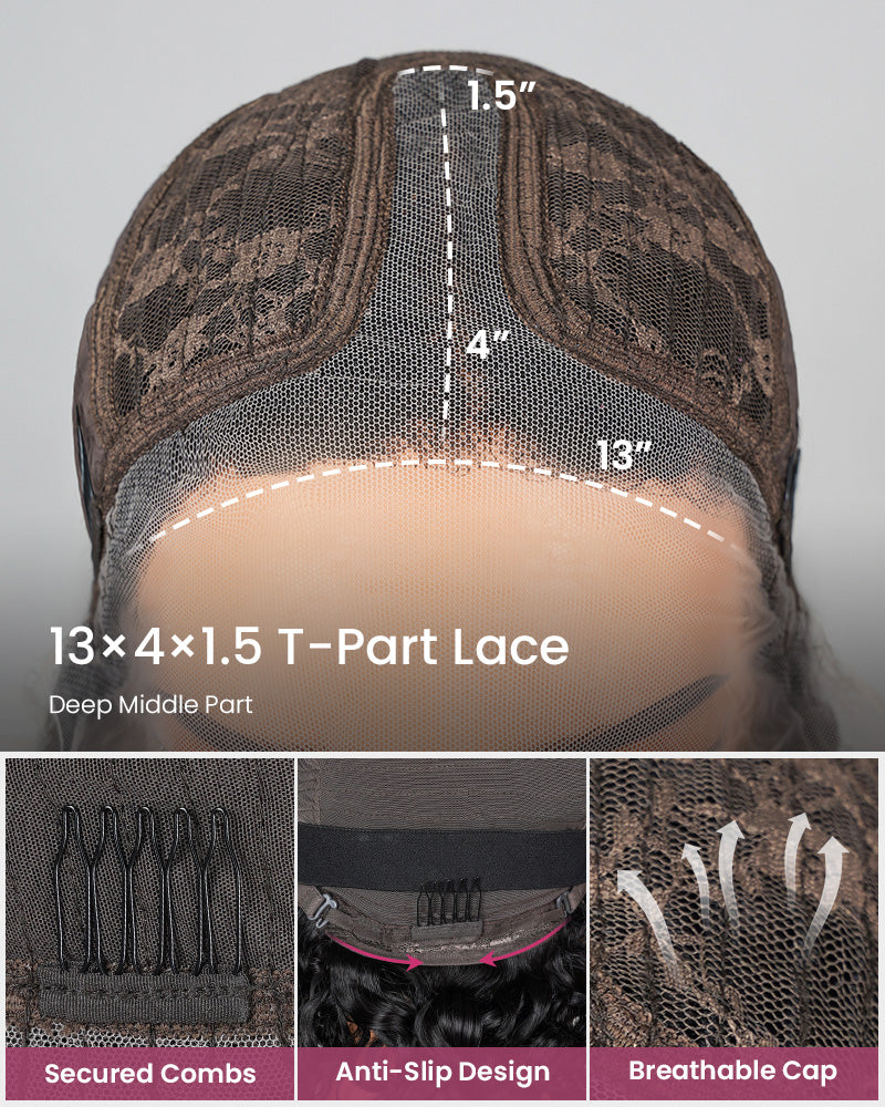 000【BOGO】Water Wave Natural Black T-Part Lace Front Human Hair Wigs