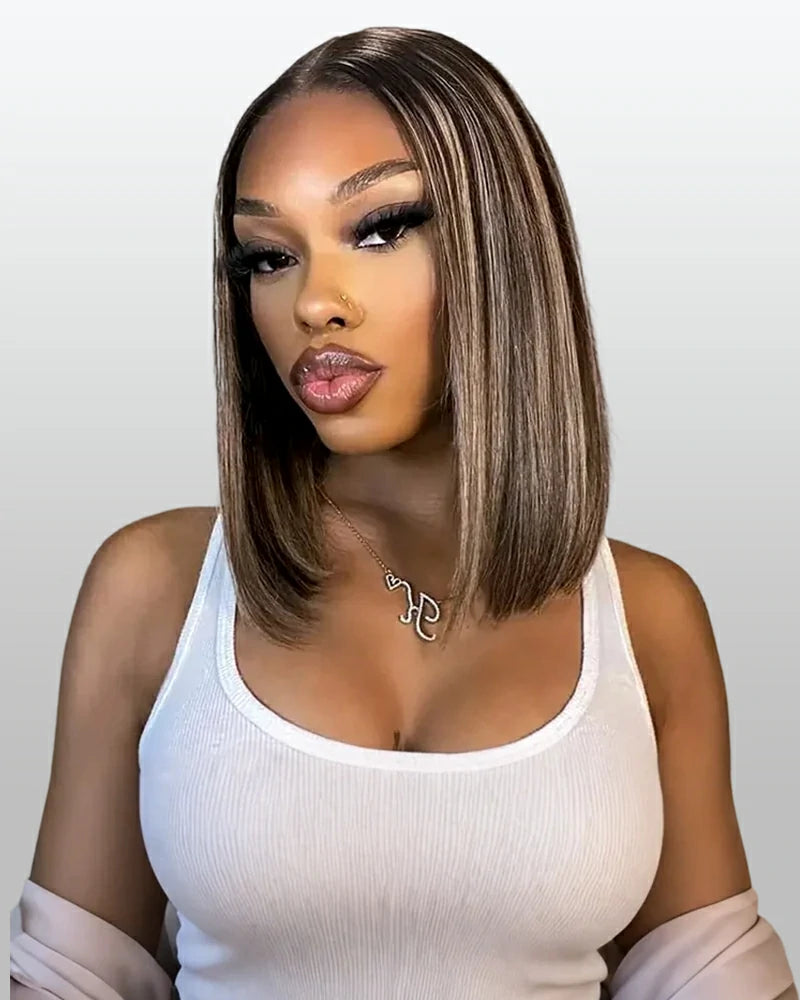 Arabella 13x6 Three-Go™ 250% Density Ombre Platinum Blonde Balayage Highlights Glueless Wig Straight Bob Wig With Drawstring