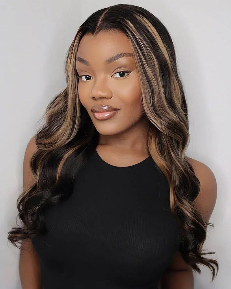 Arabella 13x4 Frontal Lace Auburn Highlights on Black Hair Body Wave Wig Invisible Knots Natural Hairline