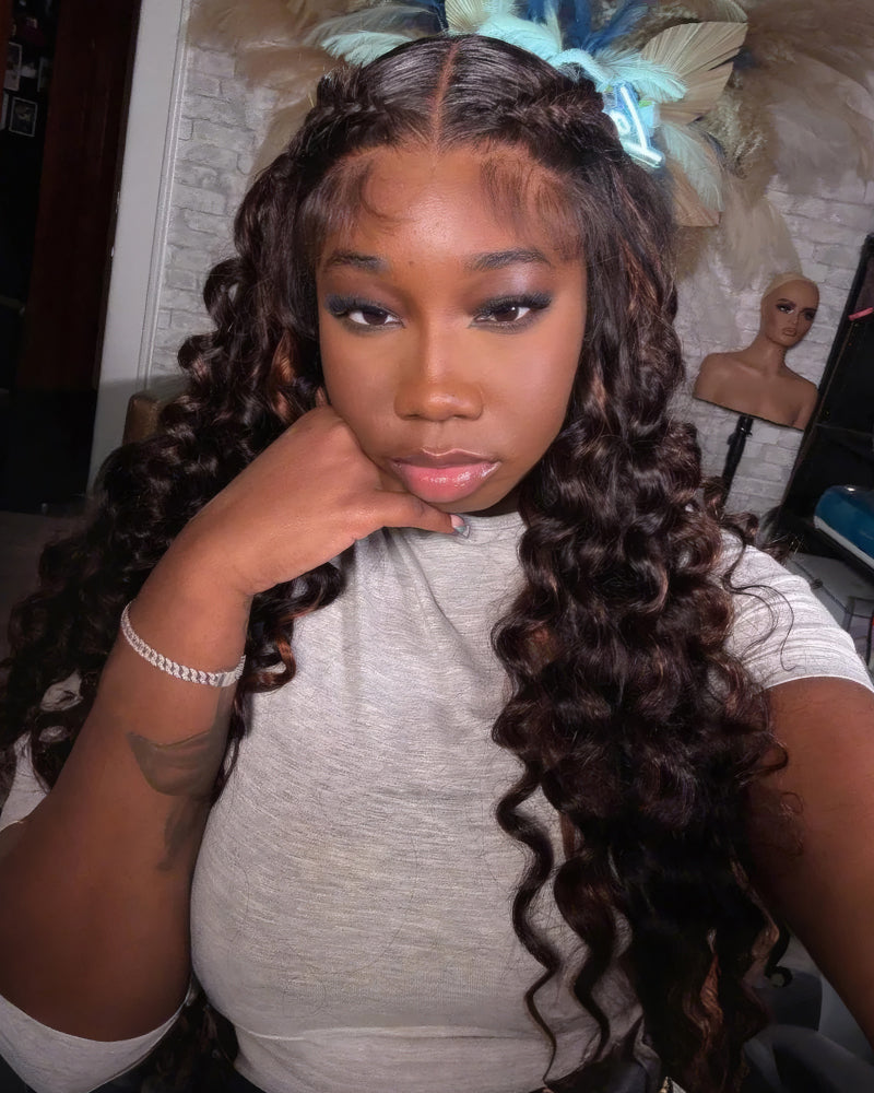 $200-$100 | Arabella 6x5 invisible knots Glueless Auburn Highlights on Black Hair Loose Deep Wave Wig Pre-cut Lace