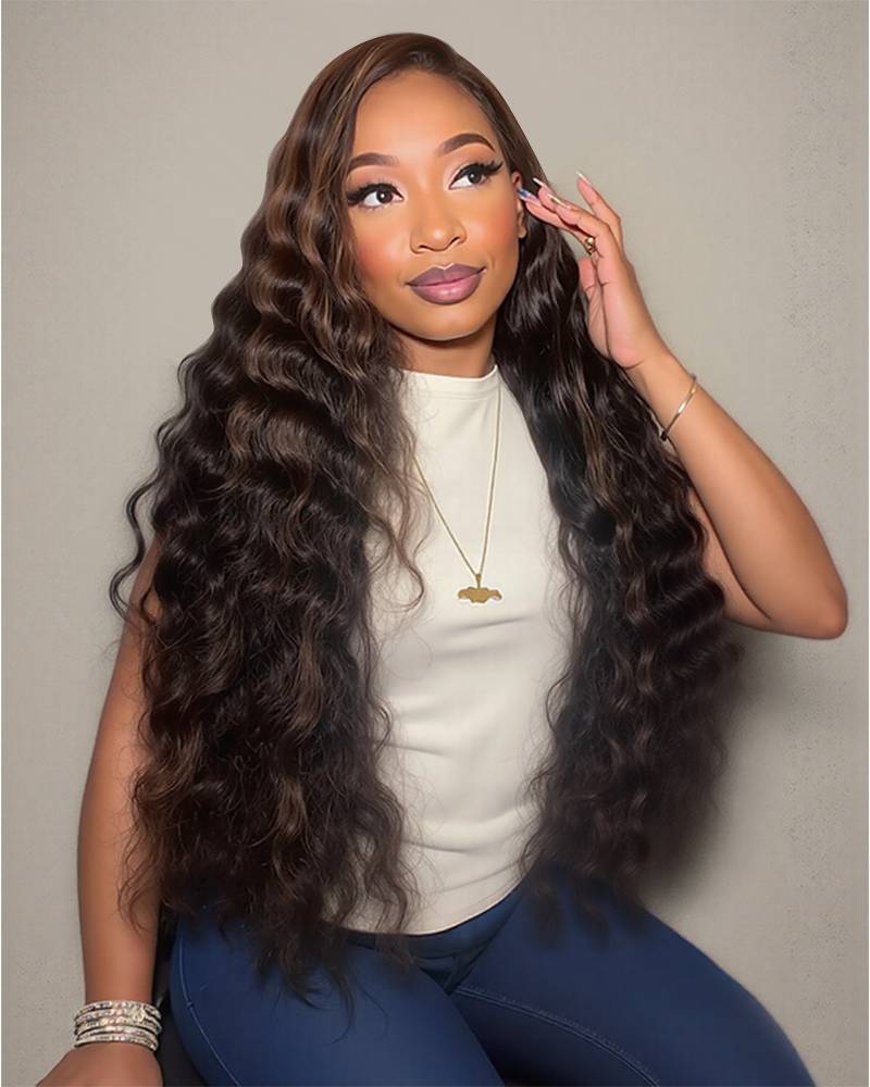 【BOGO】Arabella 13x4 Frontal Lace Auburn Highlights on Black Hair Loose Deep Wave Wig Invisible Knots Realistic Hairline 26