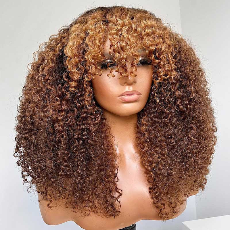 16"=$105 | P4/27 Ombre Afro Kinky Curly Wig with Bangs Full Machine Made Remy Human Hair Wig