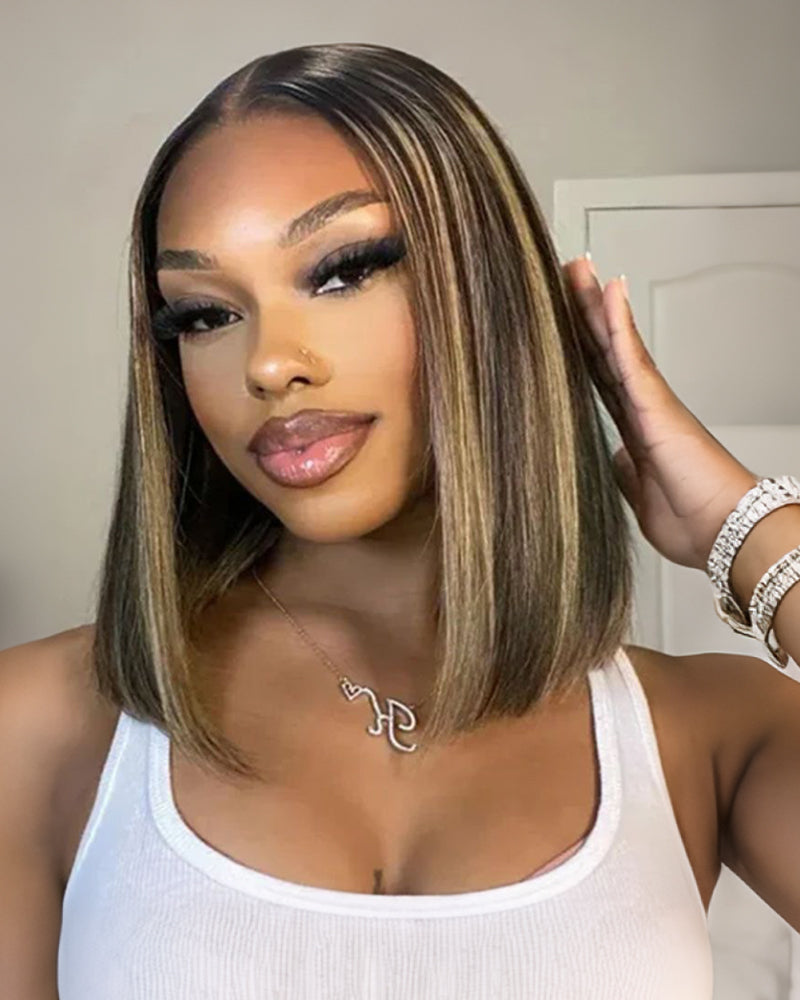 Arabella $69 Final Deal Price 12 Inch 6x5 Glueless Lace Balayage Highights/Natural Black/Auburn Highlights On Black Straight/Deep Curly Bob Wig