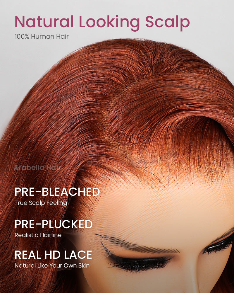 Arabella 13x4/6x5 Lace Glueless Reddish Brown Body Wave Wig Invisible Knots Realistic Hairline