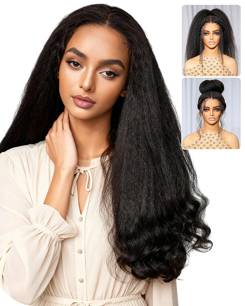 Arabella 3D Lace Half Wig Yaki Straight With Finger Coil Ends Wig Natural Black Breathable & Security Yaki Straight With Finger Coil Ends
