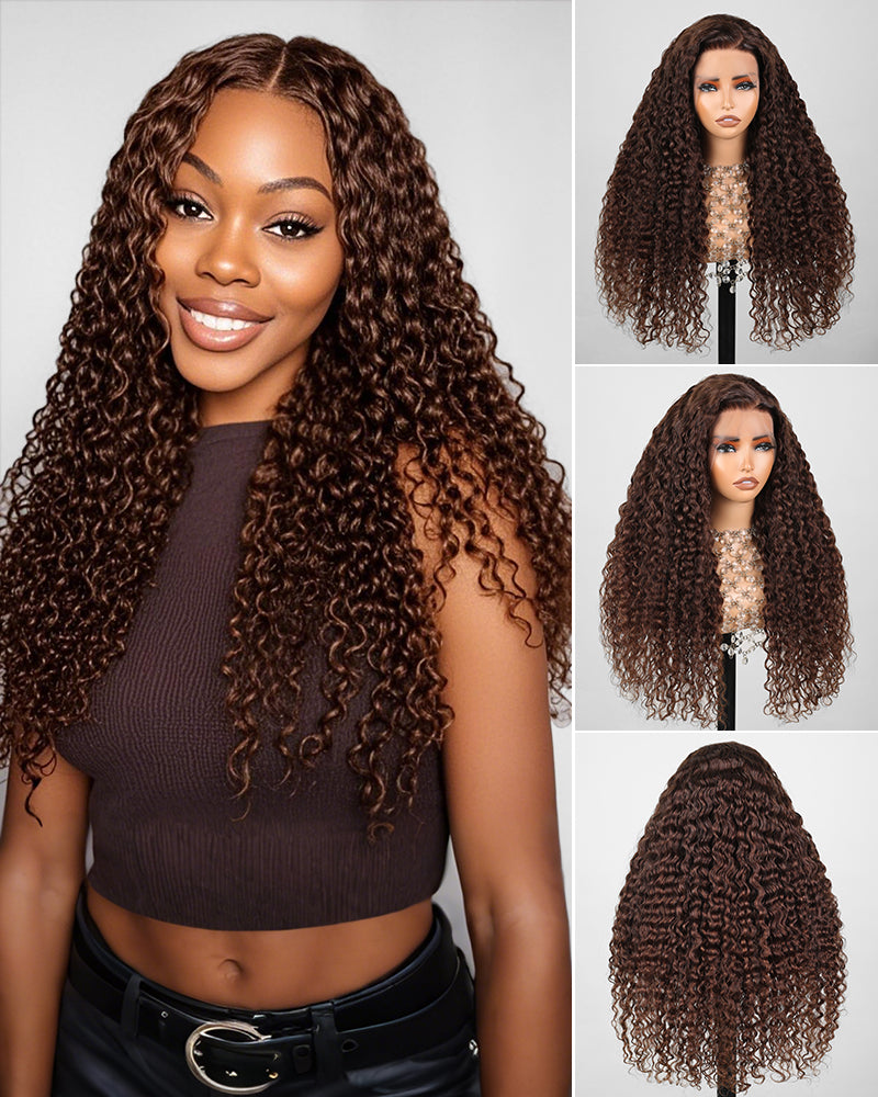 【$299 = 2 WIGS】Arabella 13x4 Frontal Lace & 6x5 Invisible Knots Glueless Chocolate Brown Water Wave Wig Invisible Knots Realistic Hairline