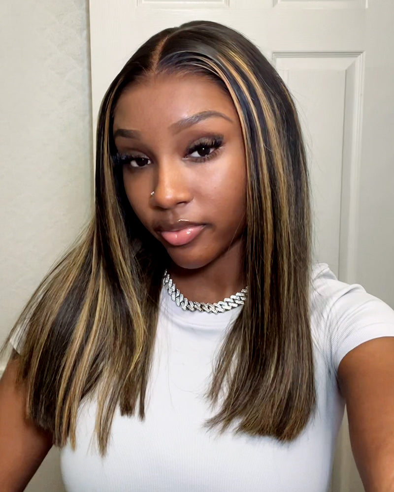 $100-$50 | Arabella 13x4 Frontal Lace Balayage Highlight Body Wave Wig Invisible Knots Realistic Hairline 14(Straight Bob)