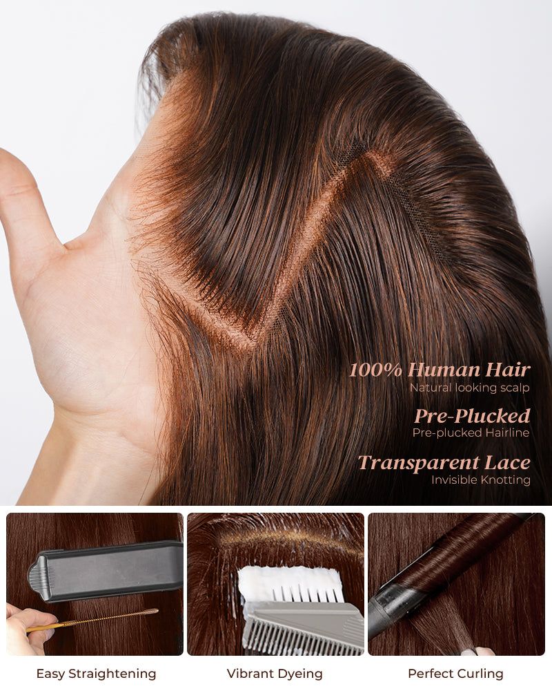 Arabella 13x4 Frontal Lace & 6x5 Invisible Knots Glueless Chocolate Brown Body Wave/Silky Straight Wig Invisible Knots Realistic Hairline