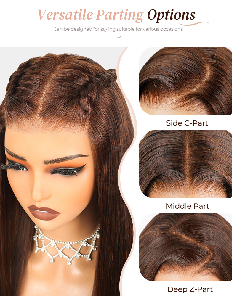Arabella 13x4 Frontal Lace & 6x5 Invisible Knots Glueless Chocolate Brown Body Wave/Silky Straight Wig Invisible Knots Realistic Hairline