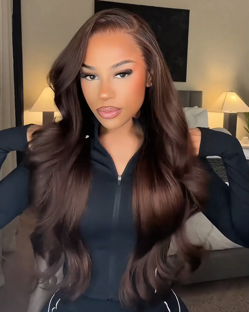 side parted body wave lace front wig, brown chocolate glueless frontal wig