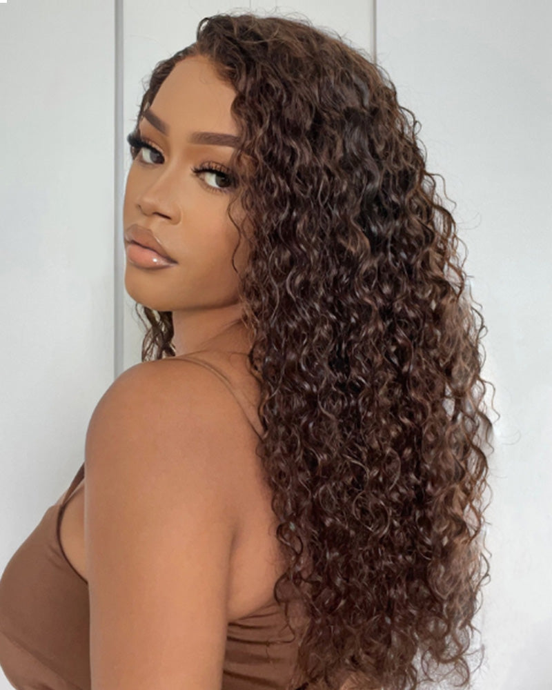 Arabella 13x4 Frontal Lace & 6x5 Invisible Knots Glueless Chocolate Brown Water Wave Wig Invisible Knots Realistic Hairline
