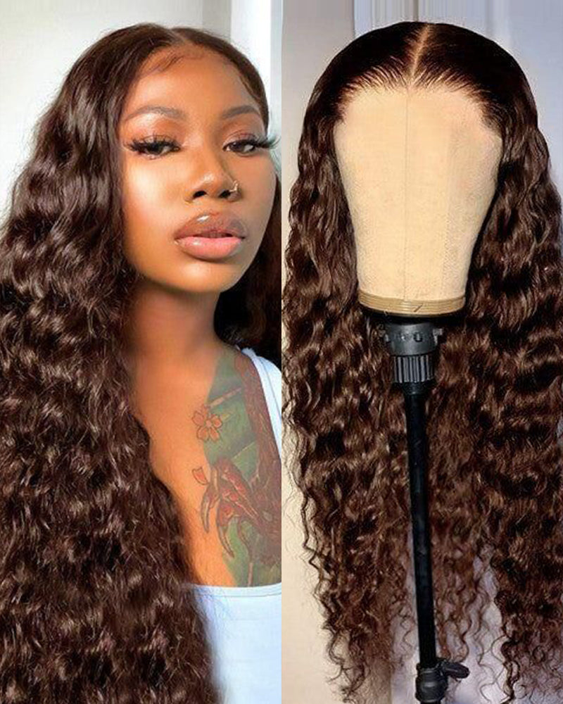【$299 = 2 WIGS】Arabella 13x4 Frontal Lace & 6x5 Invisible Knots Glueless Chocolate Brown Water Wave Wig Invisible Knots Realistic Hairline