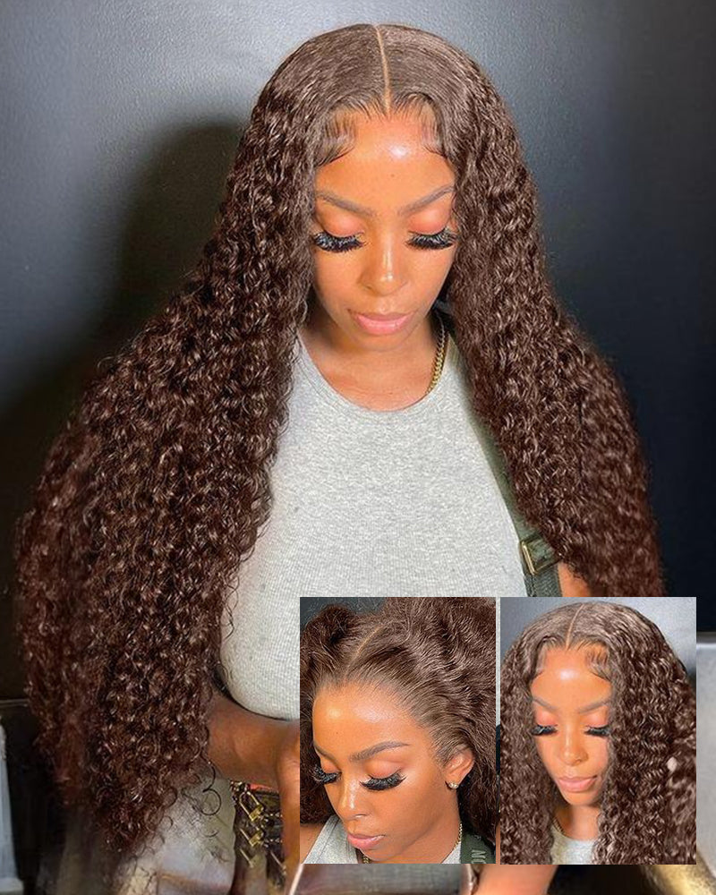 Arabella 13x4 Frontal Lace & 6x5 Invisible Knots Glueless Chocolate Brown Water Wave Wig Invisible Knots Realistic Hairline