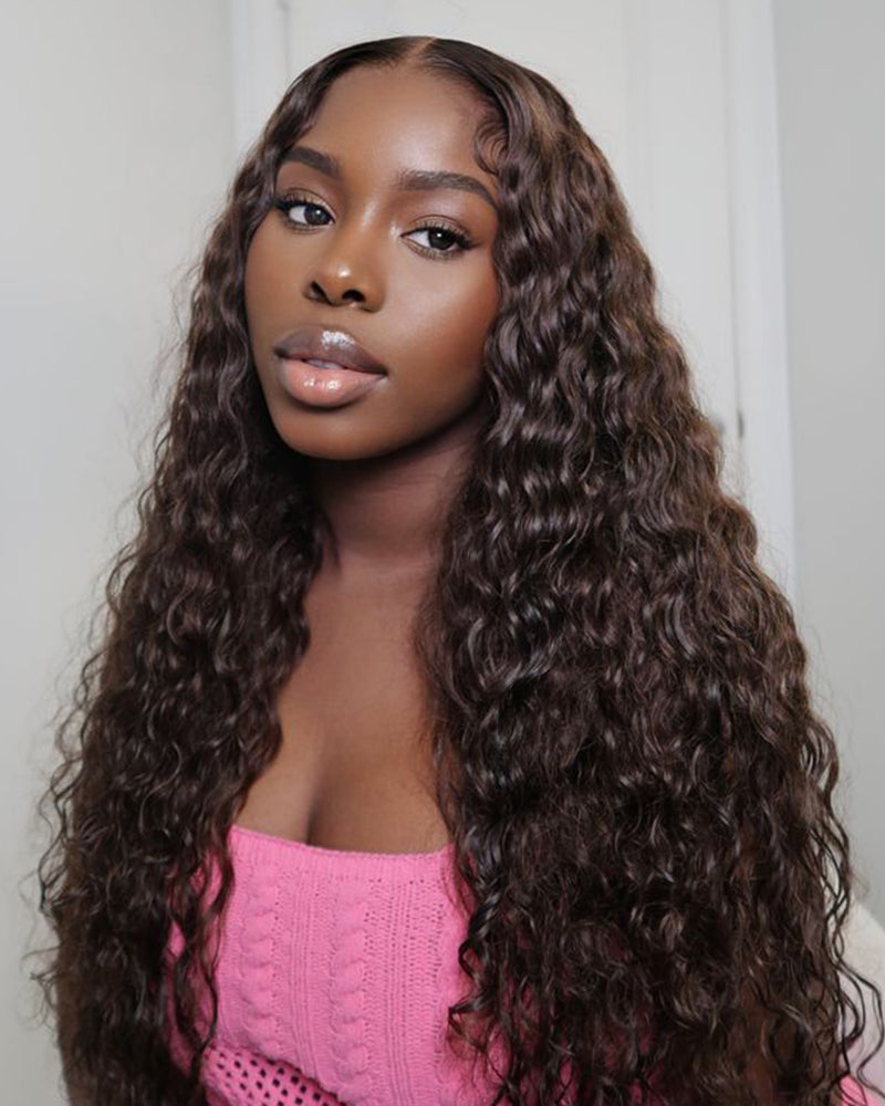 Arabella 13x4 Frontal Lace & 6x5 Invisible Knots Glueless Chocolate Brown Water Wave Wig Invisible Knots Realistic Hairline