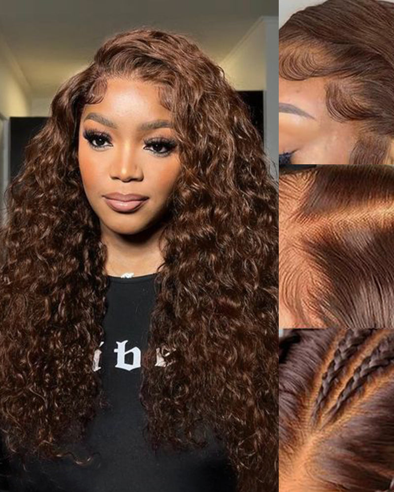 【$299 = 2 WIGS】Arabella 13x4 Frontal Lace & 6x5 Invisible Knots Glueless Chocolate Brown Water Wave Wig Invisible Knots Realistic Hairline