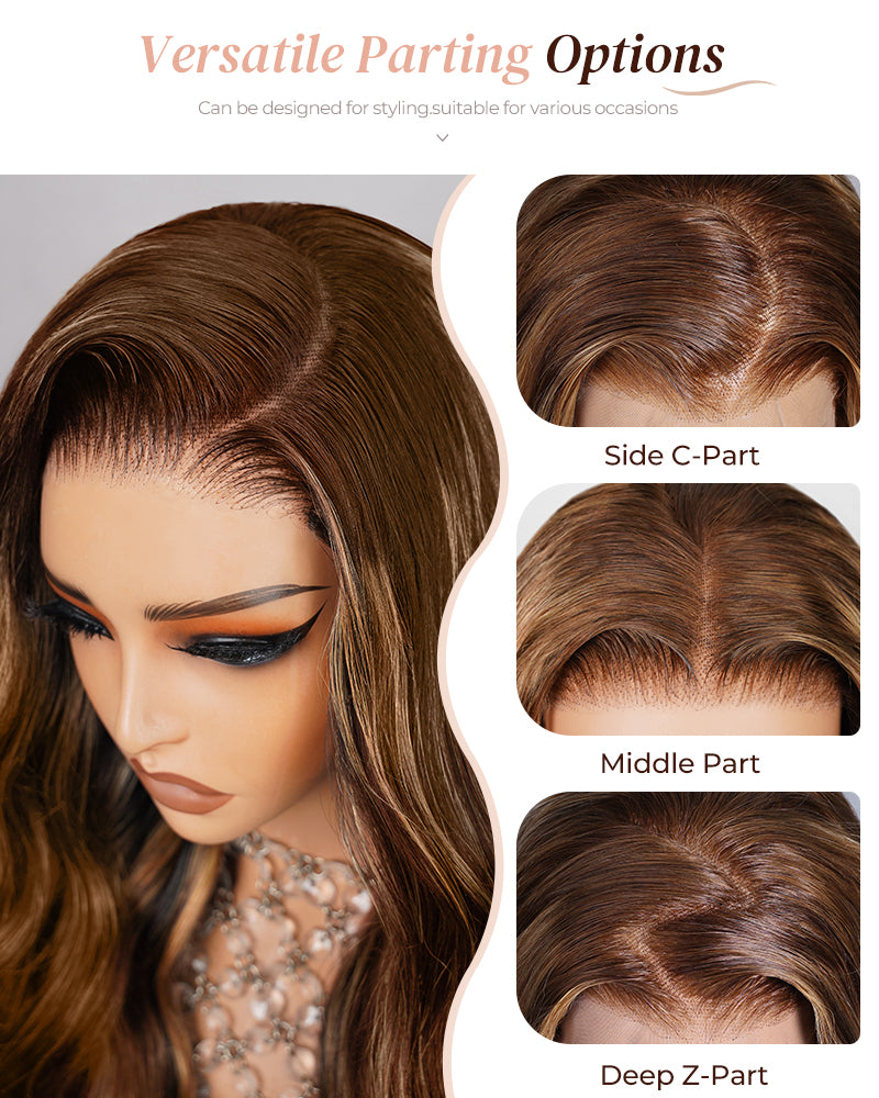 Arabella 13x4/6x5 Lace Honey Blonde Highlights On Brown Wig Body Wave Wig Invisible Knots Realistic Hairline