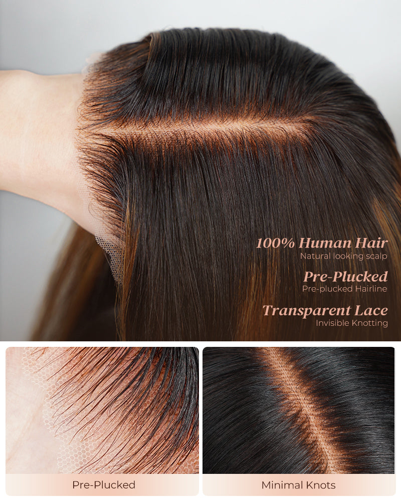 【$299 = 2 WIGS】Arabella 6x5 invisible knots Glueless Auburn Highlights on Black Hair Straight Wig Invisible Knots Realistic Hairline