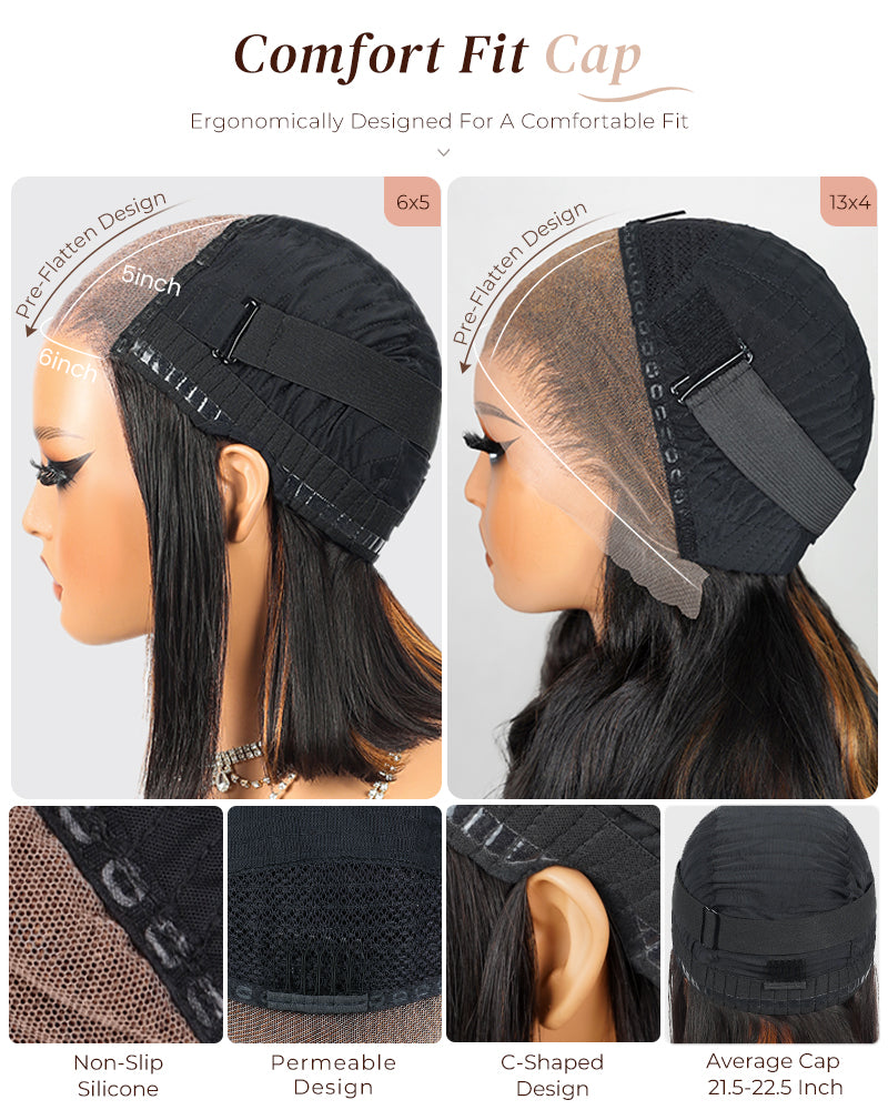 Arabella 13x4/6x5 Lace Glueless Auburn Highlights on Black Hair Body Wave Wig Invisible Knots Realistic Hairline