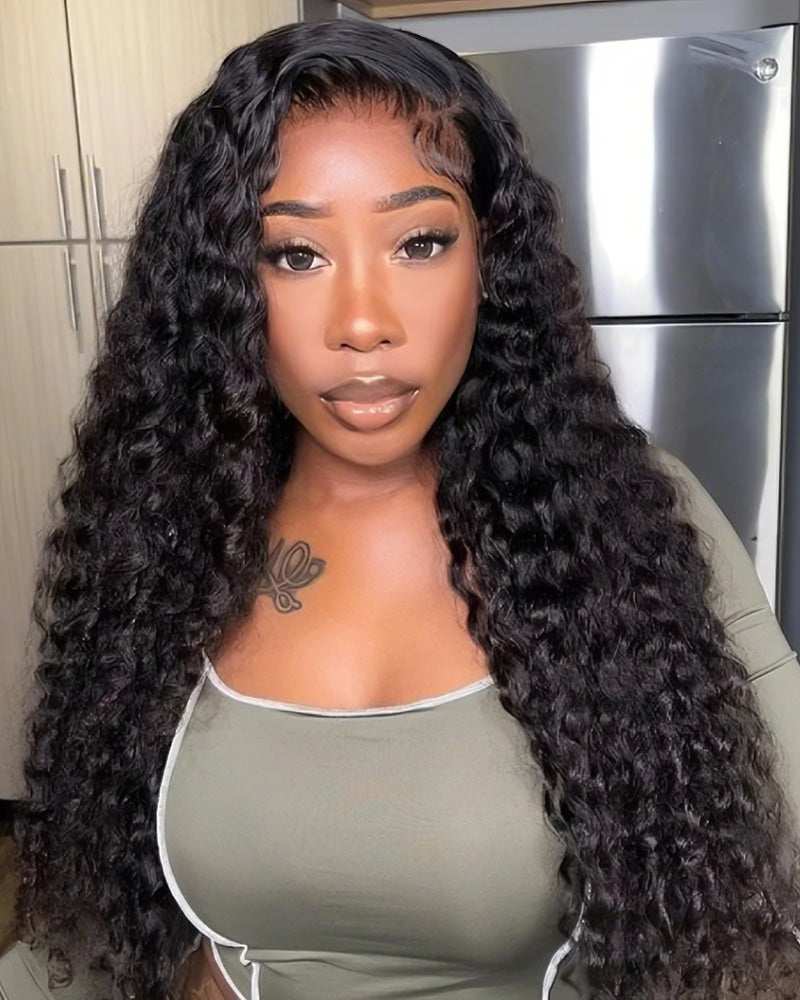 Arabella 6x5 Invisible Knots Glueless & 13x4 Frontal Lace Deep Wave Wig Pre-cut Lace Natural Black Beginner Friendly