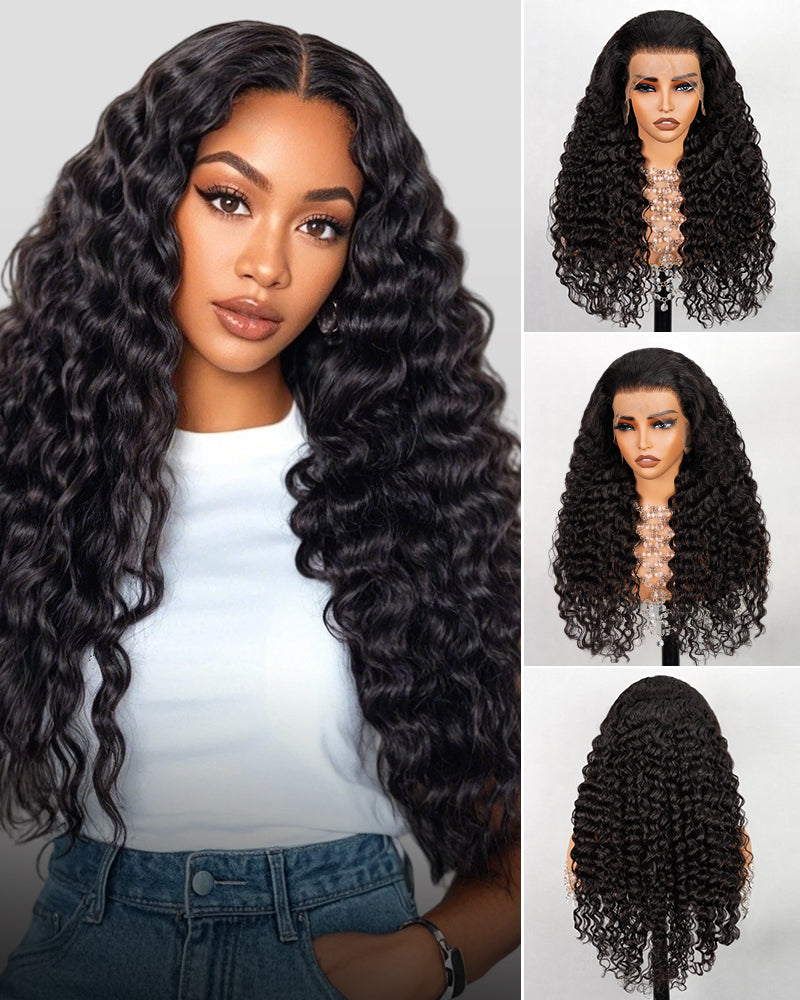 Arabella 6x5 Invisible Knots Glueless & 13x4 Frontal Lace Deep Wave Wig Pre-cut Lace Natural Black Beginner Friendly