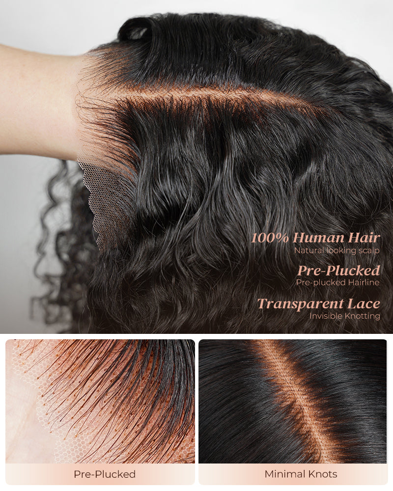 Arabella 6x5 Invisible Knots Glueless & 13x4 Frontal Lace Deep Wave Wig Pre-cut Lace Natural Black Beginner Friendly