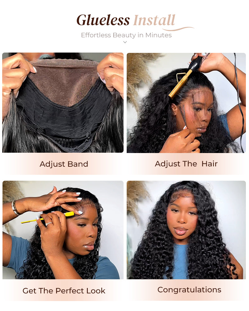 Arabella 6x5 Invisible Knots Glueless & 13x4 Frontal Lace Deep Wave Wig Pre-cut Lace Natural Black Beginner Friendly