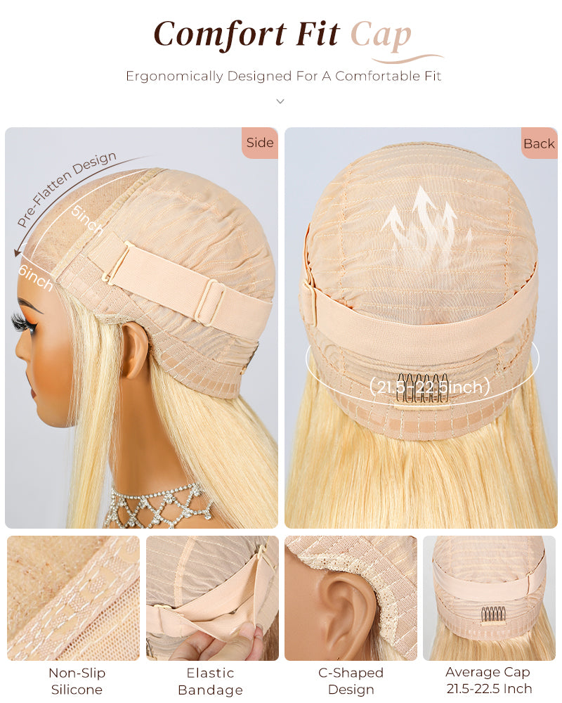 Arabella 6x5 Invisible Knots & 13x4 Frontal Lace Blonde Khaki Highlight Straight Wig Invisible Knots Realistic Hairline