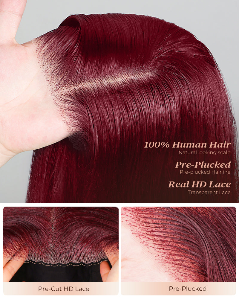 【$299 = 2 WIGS】Arabella 6x5/13x4 Lace Glueless Burgundy 99J Straight Wig Pre-cut Lace Beginner Friendly