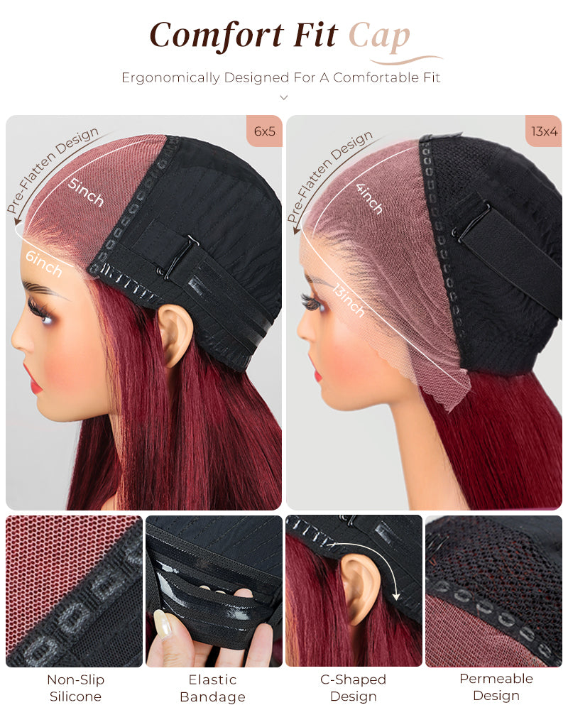 【$299 = 2 WIGS】Arabella 6x5/13x4 Lace Glueless Burgundy 99J Straight Wig Pre-cut Lace Beginner Friendly