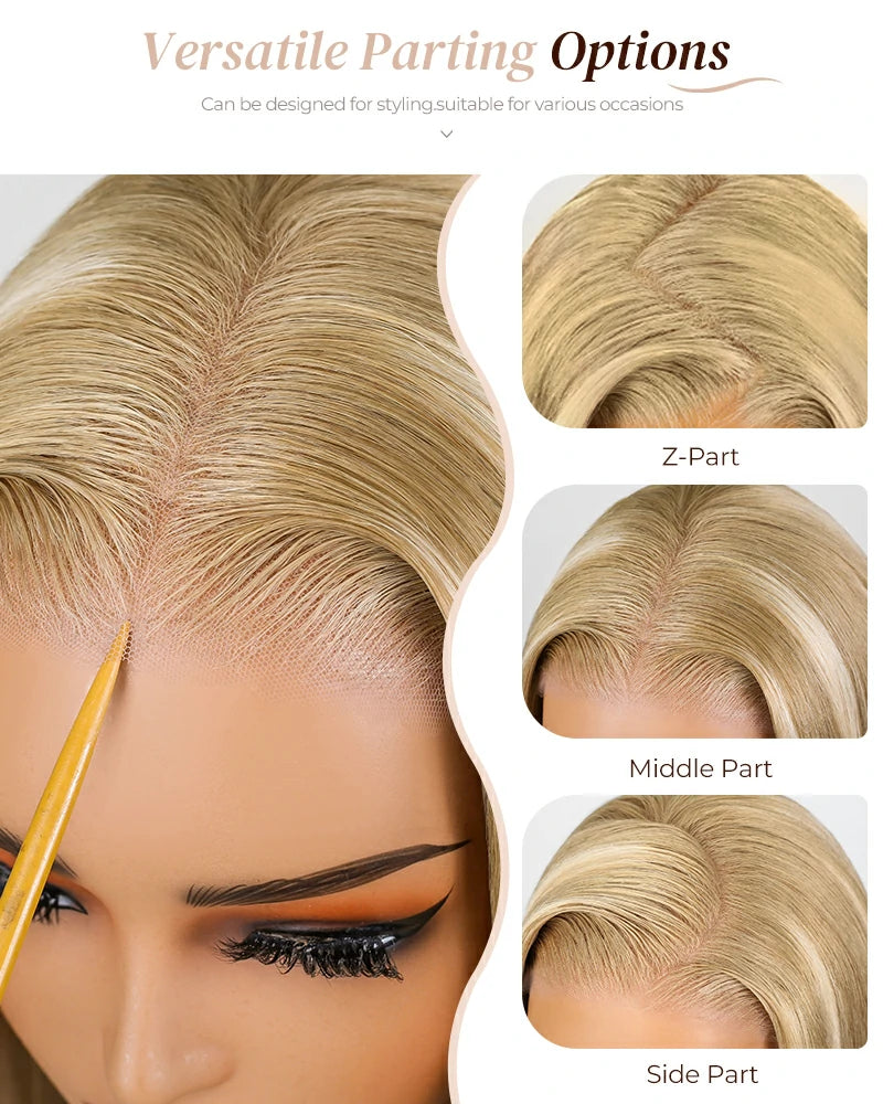 Arabella 6x5 Invisible Knots & 13x4 Frontal Lace Blonde Khaki Highlight Straight Wig Invisible Knots Realistic Hairline