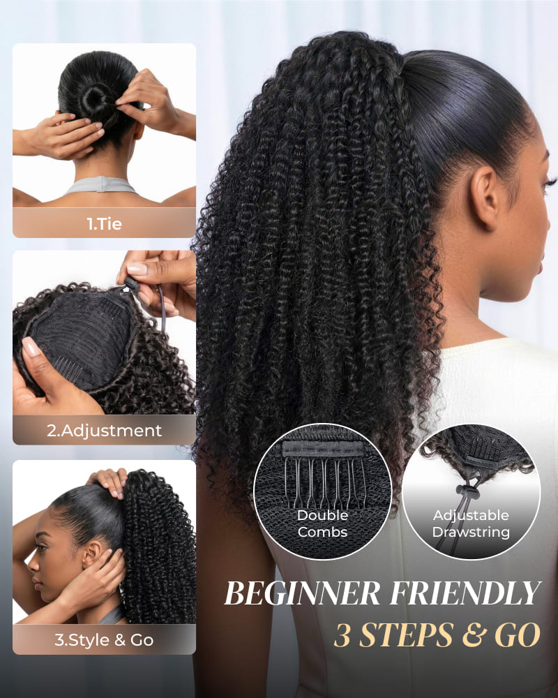Arabella Afro Kinky Curly Ponytail Natural Black Hair Extensions Instant Volume 100% Human Hair