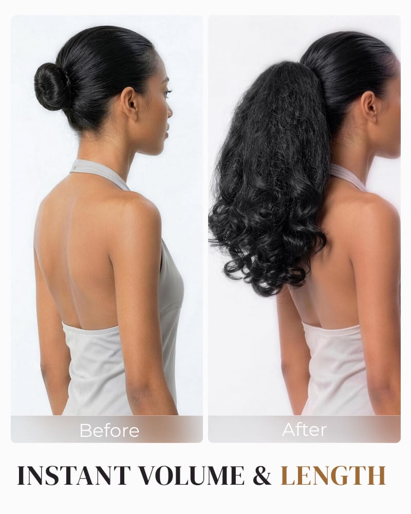 Arabella Yaki Straight Ponytail with Burmese Curly Natural Black Hair Extensions Instant Volume 100% Human Hair