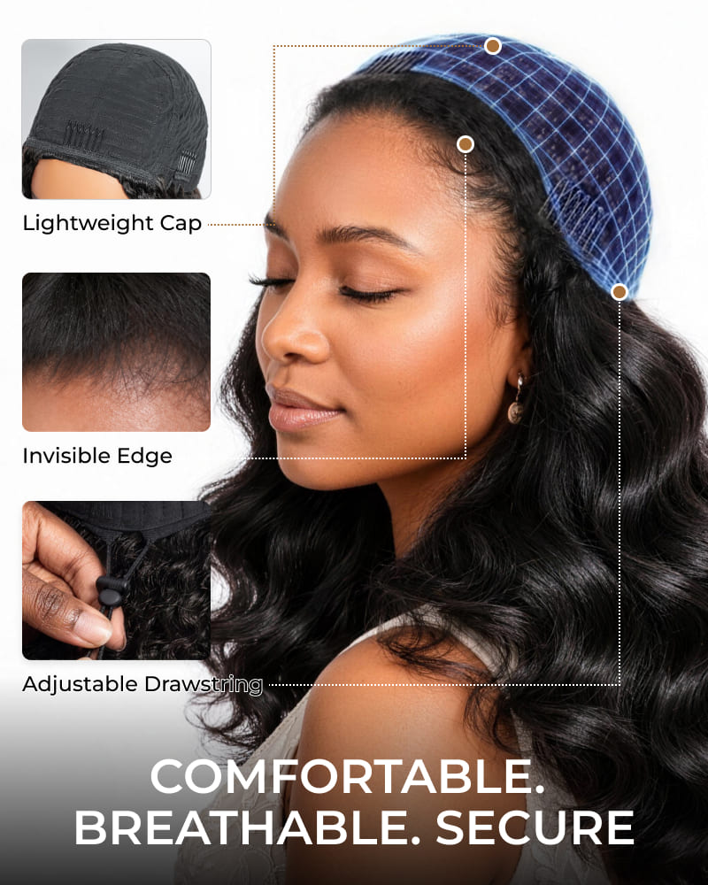 Arabella 3 In 1 Half Wig 250% Density Yaki Body Wave Wig Invisible Drawstring Natural Black Endless Styles No Glue No Lace Install