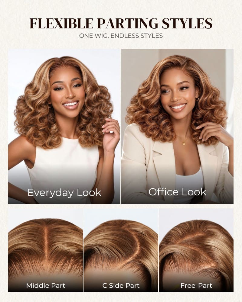 Arabella 6x5 Lace Glueless Honey Blonde Highlights On Brown Wig Bouncy Curly Wig Beginner Friendly