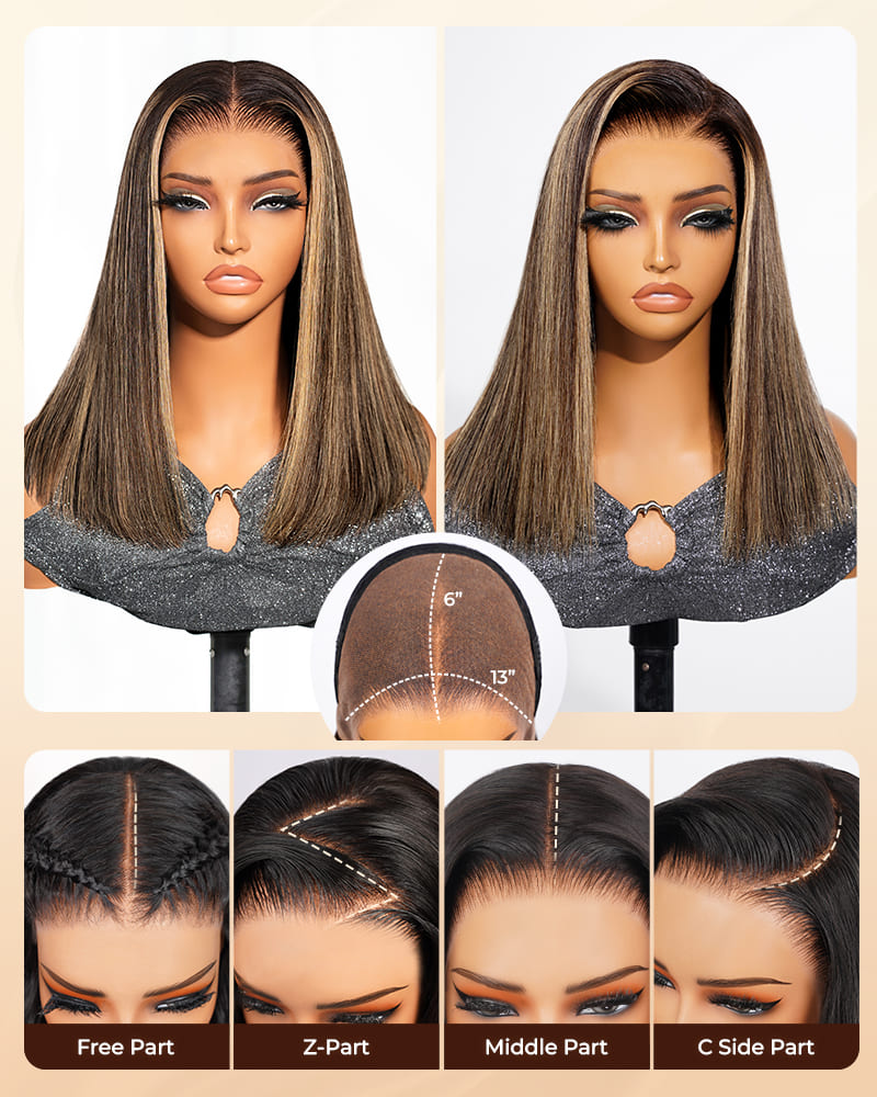 【BOGO】Arabella 13x6 Three-Go™ 250% High Density Ombre Platinum Blonde Balayage Highlights Old Money Bob Glueless Wig Straight Bob Wig With Drawstring