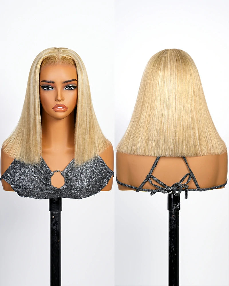 Arabella 6x5 Invisible Knots Glueless Blonde Khaki Highlight Straight Bob Wig Pre-cut Lace Beginner Friendly