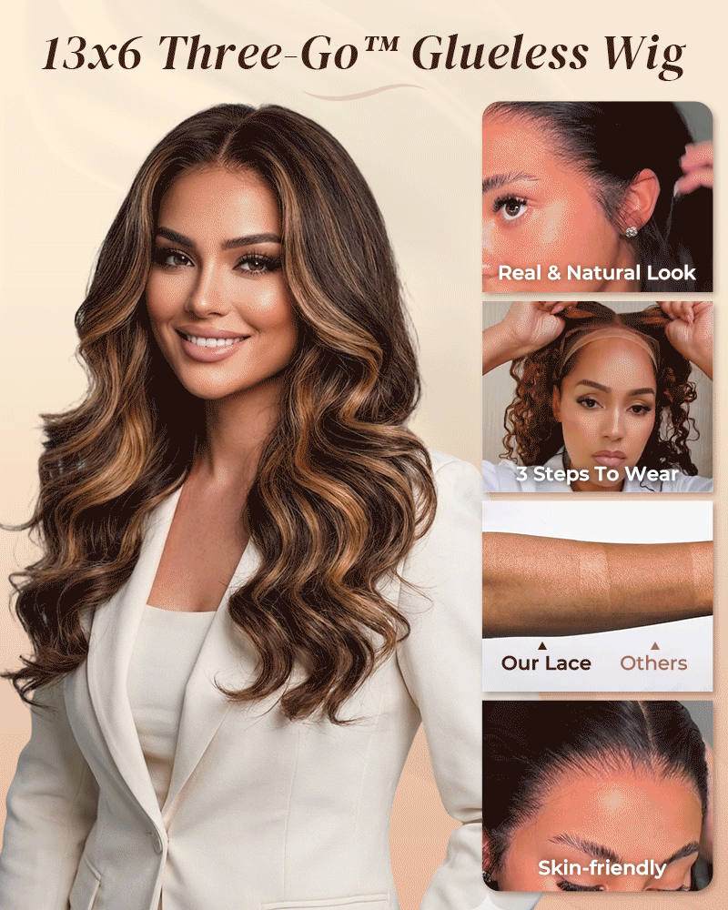 【$299 = 2 WIGS】Arabella 13x6 Three-Go™ Chocolate Brown Skunk Stripe Glueless Wig Body Wave With Drawstring 100% Human Hair Wig