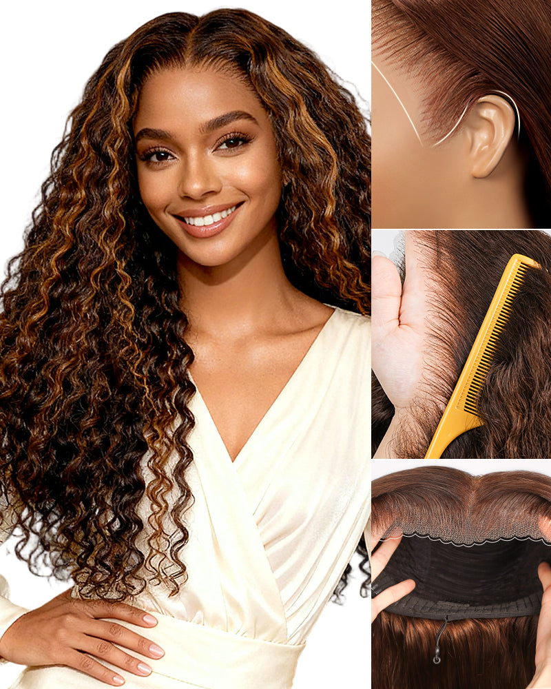 Dark Brown With Highlights Water Wave Wig