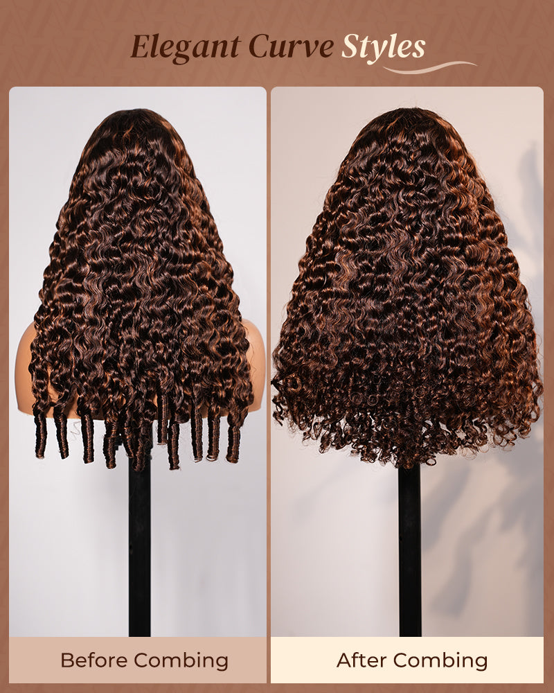 Dark Brown With Highlights Water Wave With Finger Coil Ends Wigs