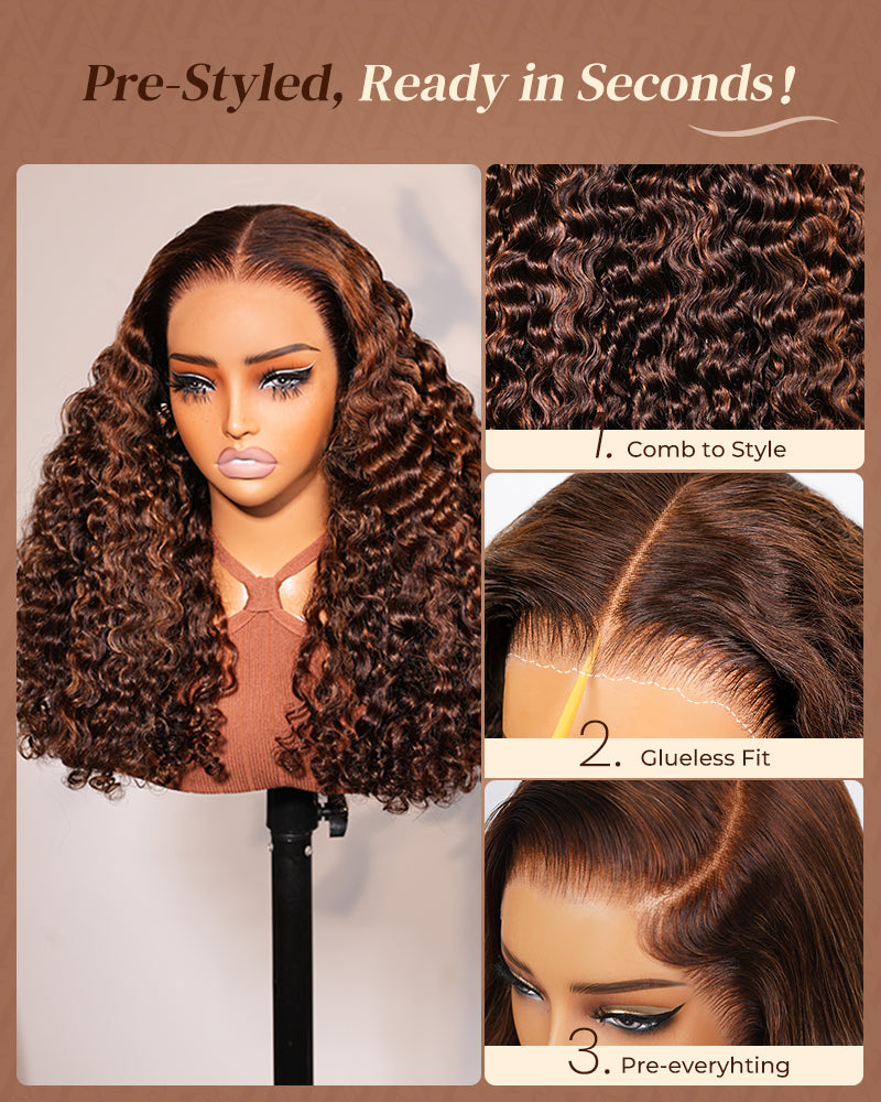 Dark Brown With Highlights Water Wave With Finger Coil Ends Wigs
