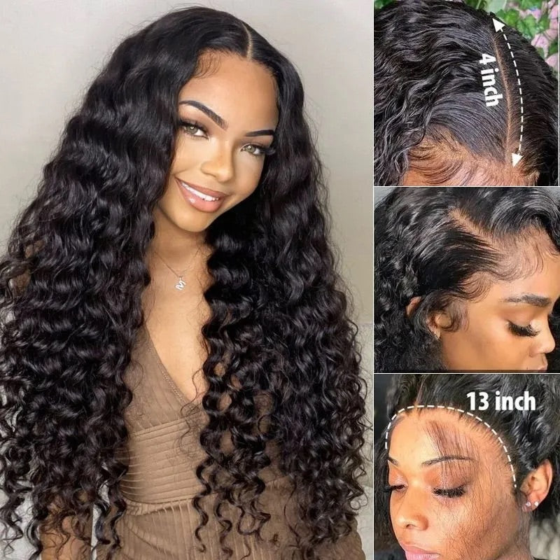Arabella 6x5 Invisible Knots Glueless & 13x4 Frontal Lace Deep Wave Wig Pre-cut Lace Natural Black Beginner Friendly