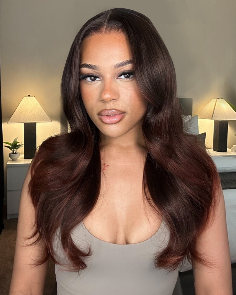 Pure-Luxe™ Airtouch Balayage Highlights Burgundy Ombre Color Blowout In Wavy Pre-Cut 13x6 Lace Ultra-Dense Glueless Human Hair Wig